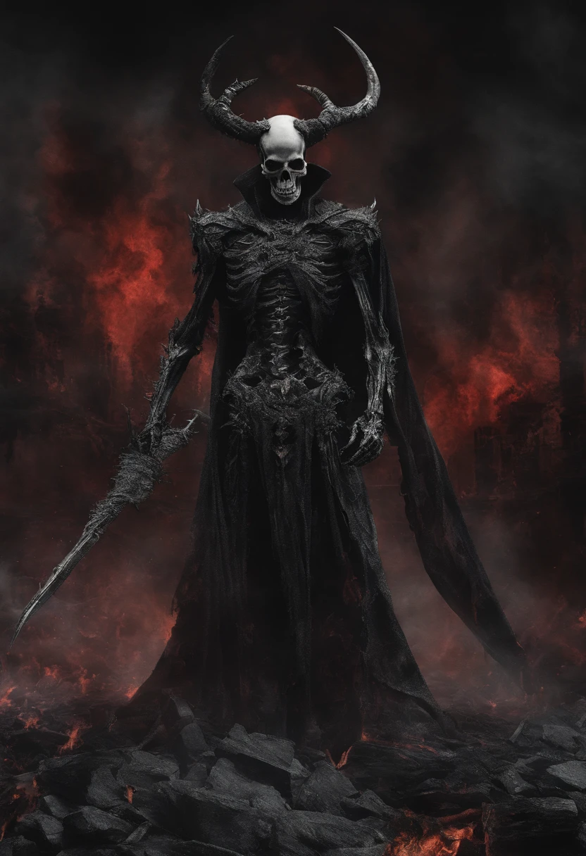 devil horns,Claws,battleaxe,Spooky environment,dentes pontiagudos,Berserker,full bodyesbian,Powerful aura,A strong sense of oppression,incredibly detailed,Red-eyed skeleton,The flames of hell are raging,Skeleton Legion,Ultra photo realsisim