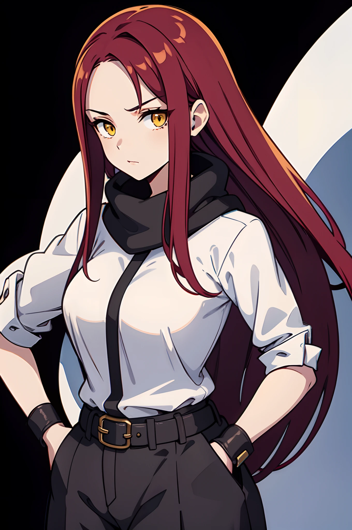 1girl, solo, 16k, scarlet red hair, long hair, big hair, forehead, yellow eyes, medium breasts, neutral, shaded face, (hands on pockets:1.2), black mysterious clothes, medieval, coat, scarf, pants, leather clothes, belt, looking at viewer, white background, simple background, transparent background, standing, upper body, portrait, masterpiece, best quality, 8k,