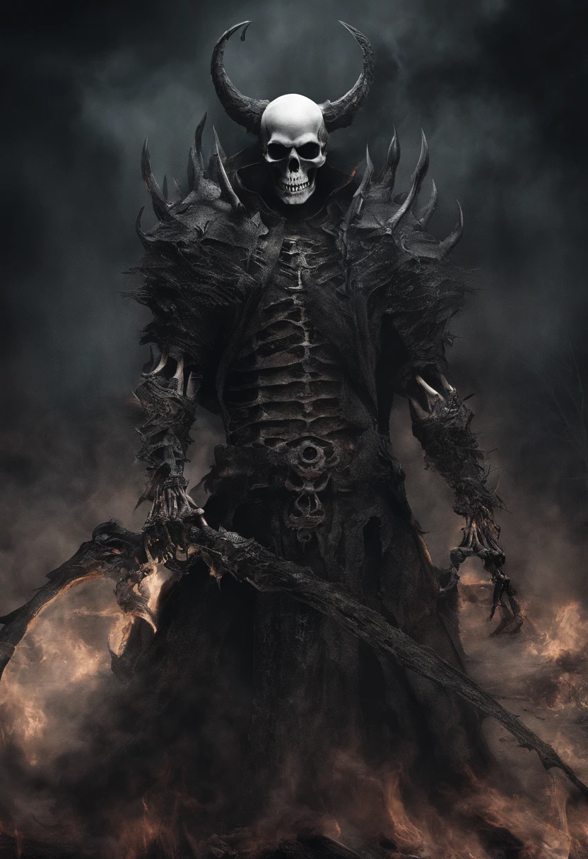 devil horns，Claws，battleaxe，Spooky environment，dentes pontiagudos，Berserker，full bodyesbian，Powerful aura，A strong sense of oppression，incredibly detailed，Red-eyed skeleton，The flames of hell are raging，Skeleton Legion，Ultra photo realsisim