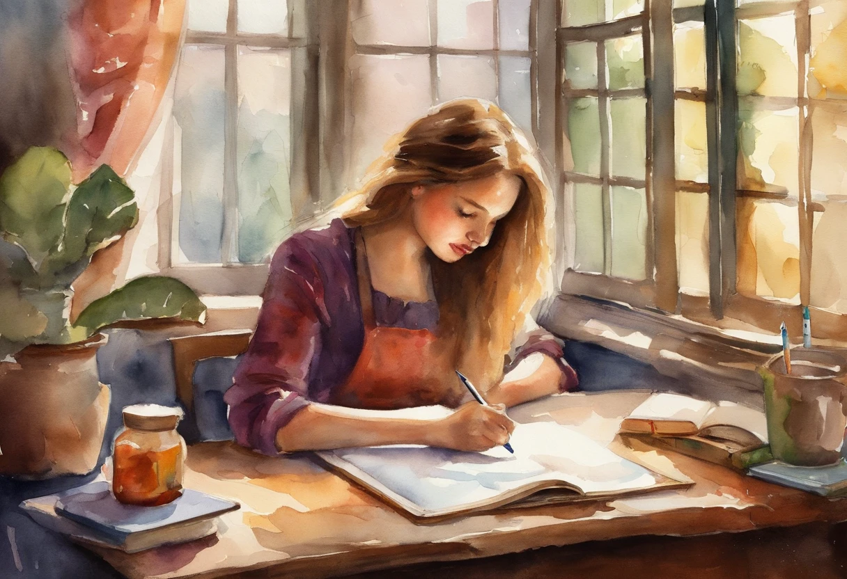 Girl writing in notebook by the window in classroom、soio