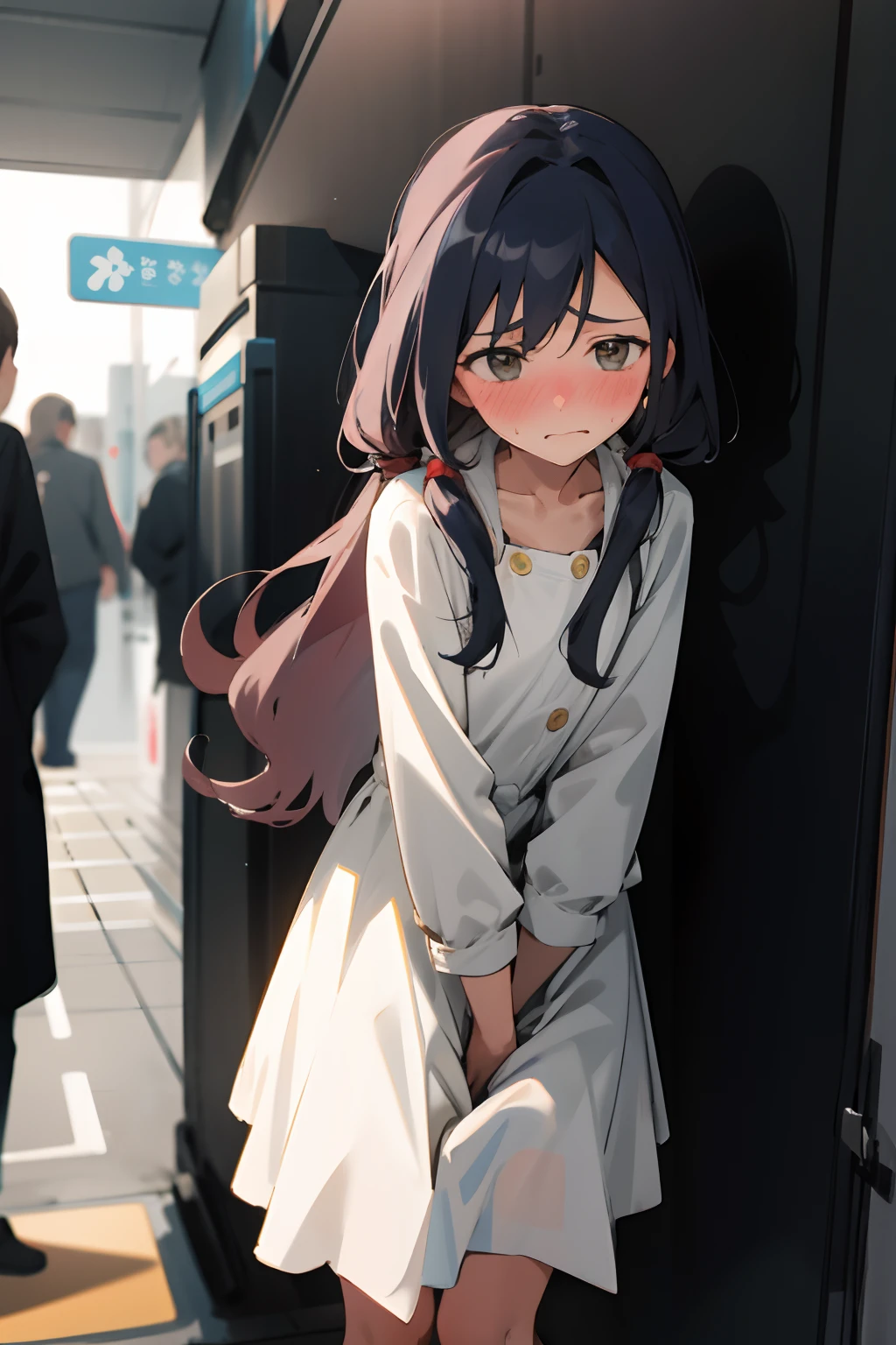 1girl with long hair and dress, 1 girl is taking to lavatory, looking away, standing, embarrassed, blush, Keep one's mouth shut, street (girl is peeing self:0.4)