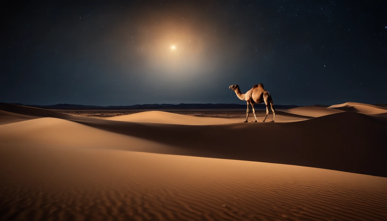 Vast desert under a starry sky with rolling dunes and the outline of a camel in the distance