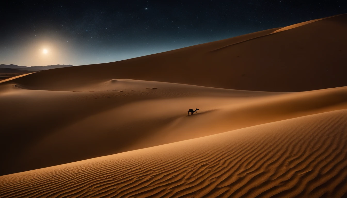 Vast desert under a starry sky with rolling dunes and the outline of a camel in the distance