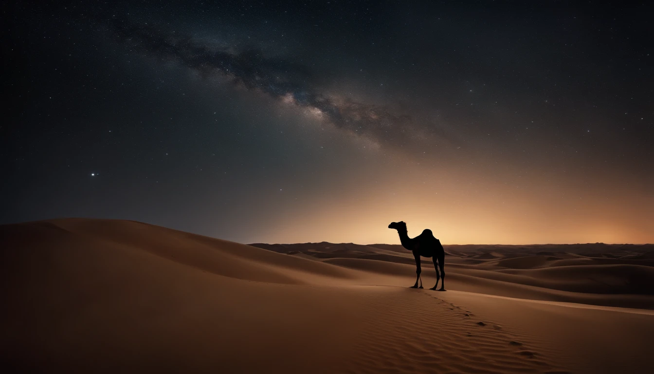 Vast desert under a starry sky with rolling dunes and the outline of a camel in the distance