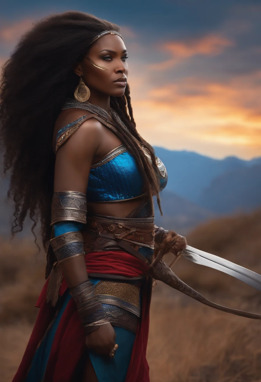 makes a black woman with blue eyes long hair in warrior clothes