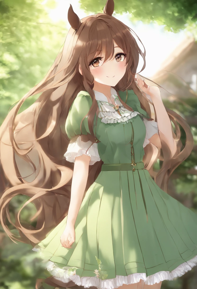 1girll, Solo, umamusume, Horse girl, Horse Ears, horse tails, Brown eyes, Brown hair, Long hair, Light smile, Ear arch, frill skirt, Green skirt, high waisted skirt, puffy short sleeves, Thin, Slender, (Japanese:0.8)