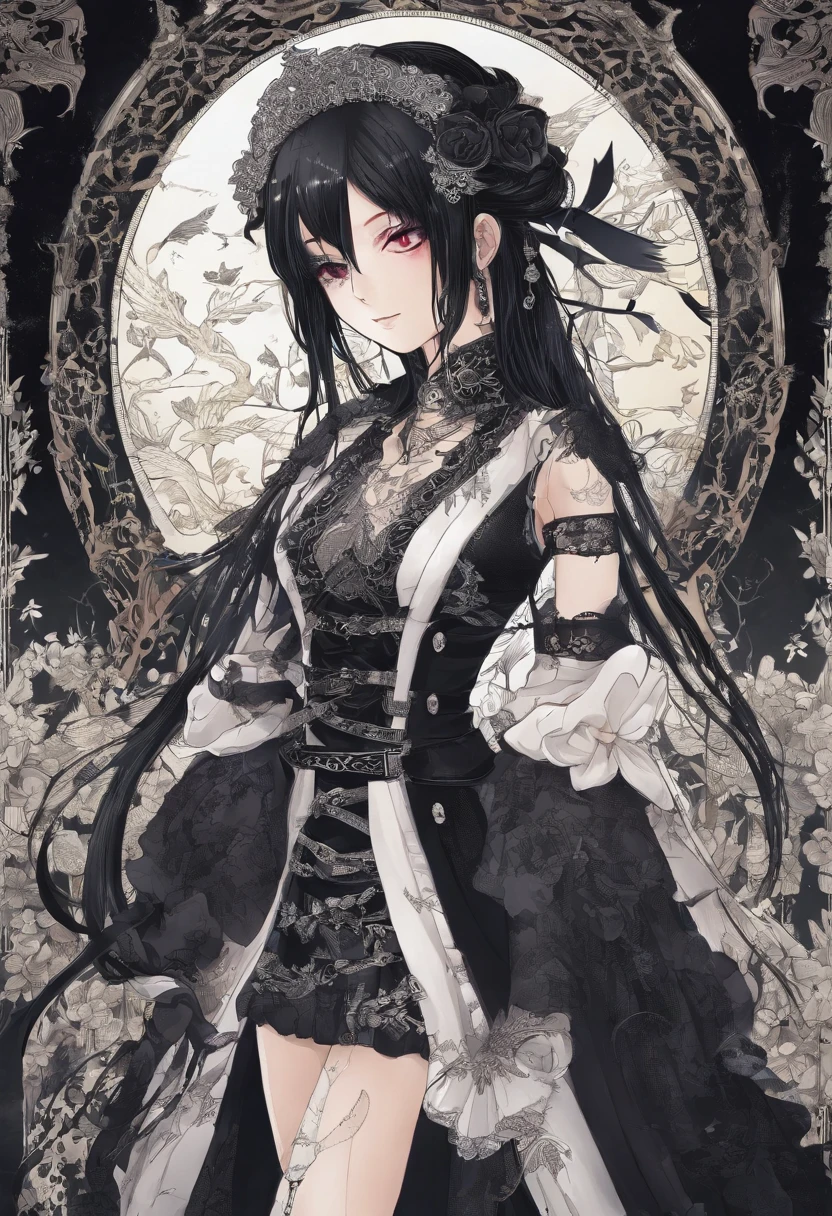 (masterpiece:1.2, Highest quality), (Actual Photos, Intricate details), (1 female, alone, Small breasts) ,Distorted facial expressions、Blood splatter、Cuts on the face、burns on the face、whole body、Punk Fashion、Long Hair、Long Bangs、Twin tails、Black Hair、(((Dark circles under the eyes)))、Pale skin、Pathological、Wicked Smile、Crazy Eyes、(Grin)Dramatic makeup,Create mixed media art、White Background