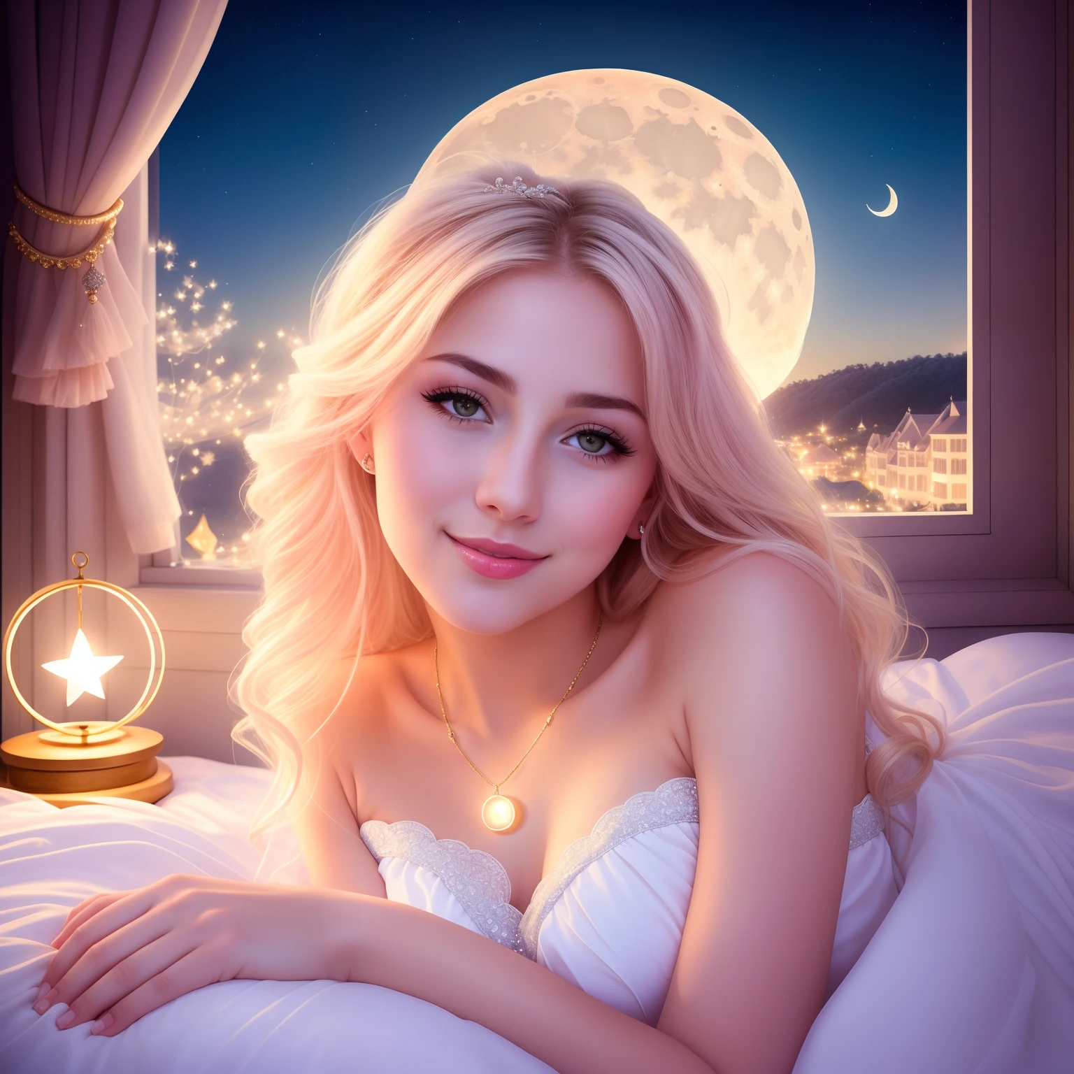 (best quality,4k,8k,highres,masterpiece:1.2),ultra-detailed,(realistic,photorealistic,photo-realistic:1.37),sailor moon,flirtatious,lying in bed,beautiful detailed eyes,beautiful detailed lips,extremely detailed eyes and face,long eyelashes,moonlit bedroom,vivid colors,soft lighting,romantic atmosphere,lacy bed sheets,sparkling outfit,glowing moon necklace,playful smile,looking directly at the viewer,dreamy expression,anime style,flower petals drifting in the air,calm and serene background music,gentle breeze through the window,celestial magic in the room,whispering secrets into the moon,subtle blush on her cheeks,cute crescent moon hair accessory,temporarily suspending time,peaceful and relaxing ambiance,tranquil night sky,enchanted dreams in her eyes,confident and alluring pose,gazing at the stars outside the window,mischievous glimmer in her eyes,comfortable and inviting bedroom,gentle moonlight illuminating her features