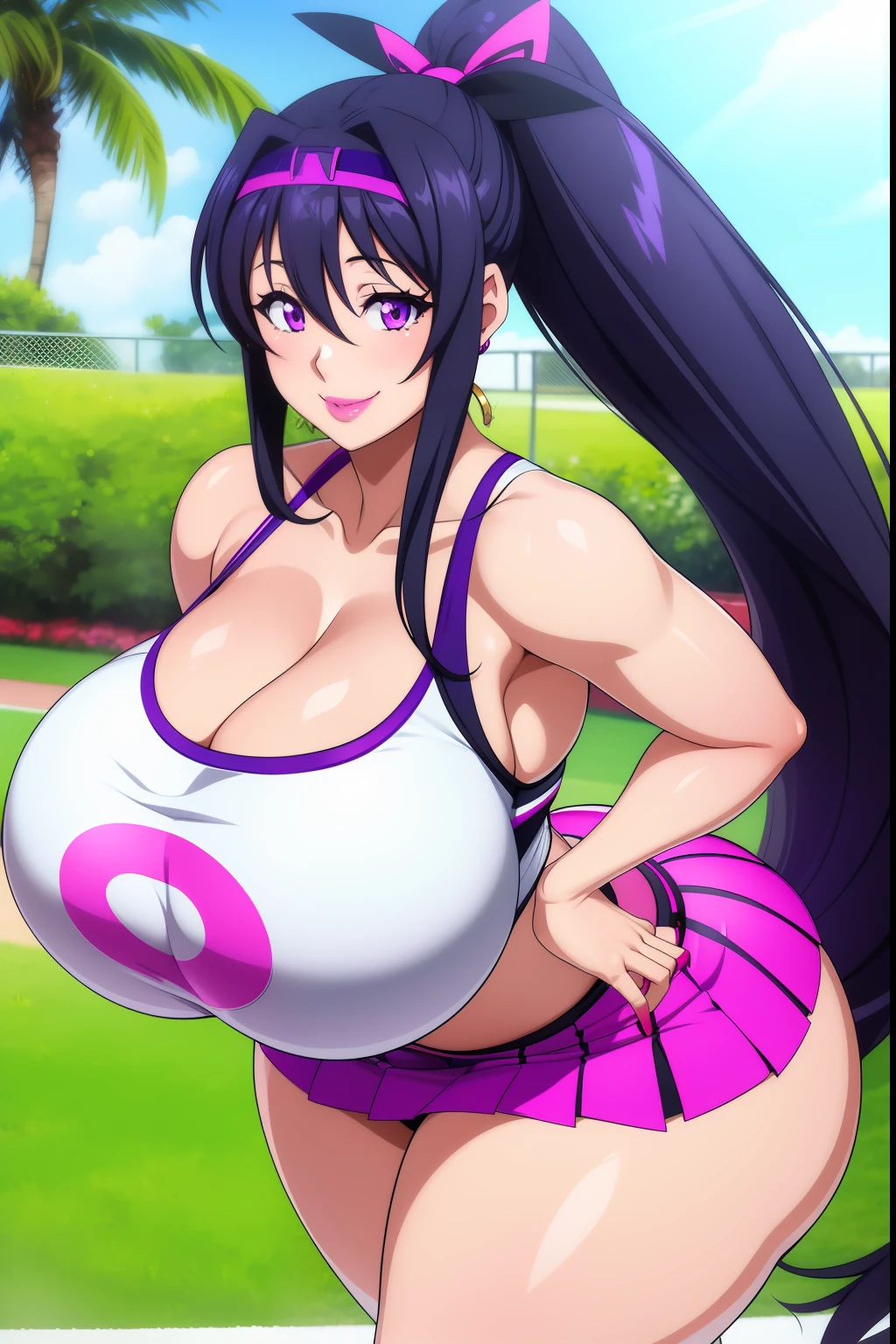 Akeno Himejima, 1girl, (((bimbo))), long blue gray hair, purple eyes, ear rings, (((bimbo))), puffy lips, painted lips, thick lips, smile face, wide hips, thick thighs, huge round ass, huge natural Hitomi Tanaka breasts, tennis outfit, white panties, short skirt, Sports bra,