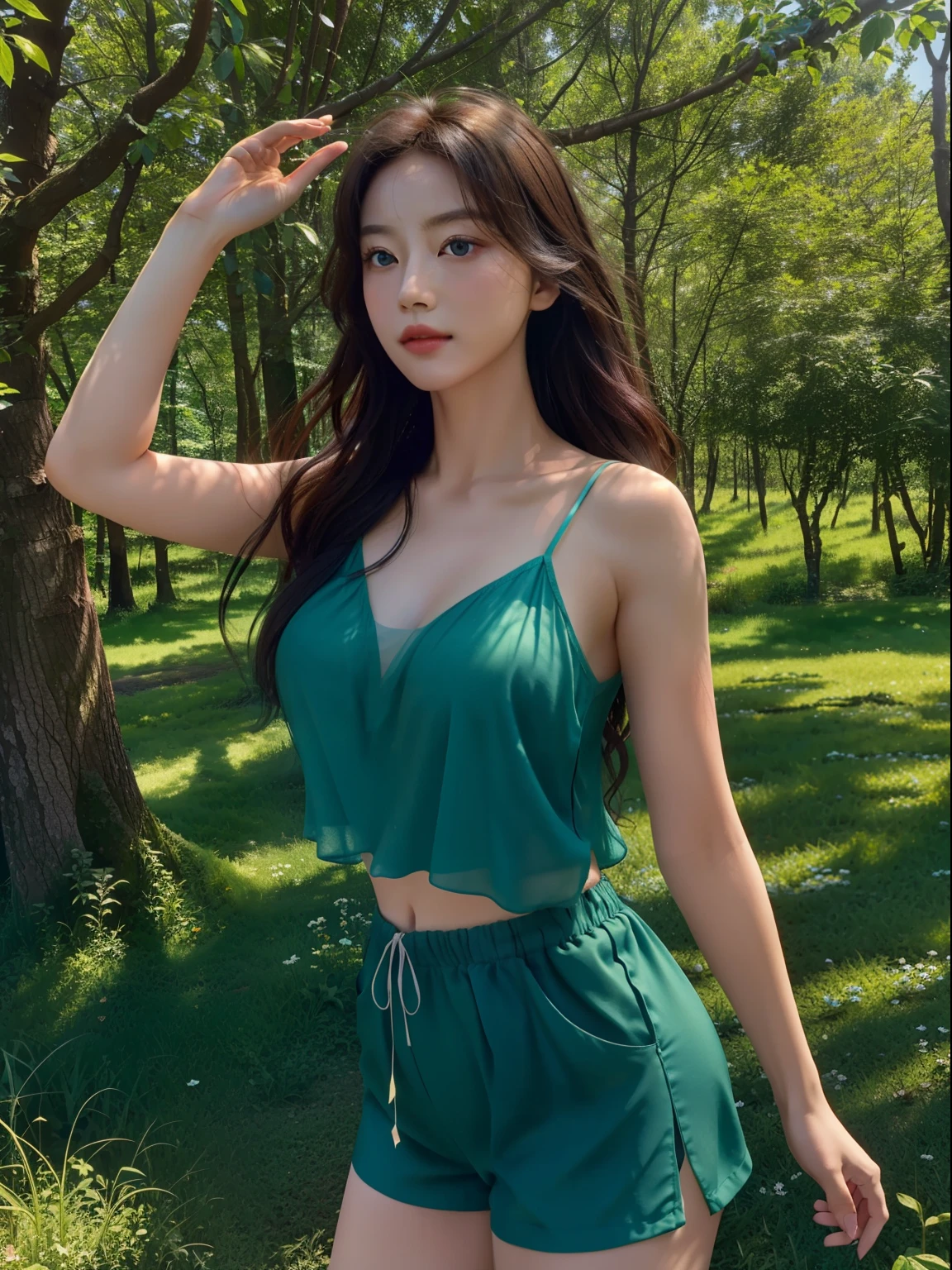 Masterpiece, Best quality,8K,Reallightandshadow,Cinema lenses,beautidful eyes, (中景 the scene is,The upper part of the body),dynamicposes,Green meadows,The gentle goddess came with gentle steps。She wears deep V shorts,The sun shone through the leaves in her hair,colorful butterfly,