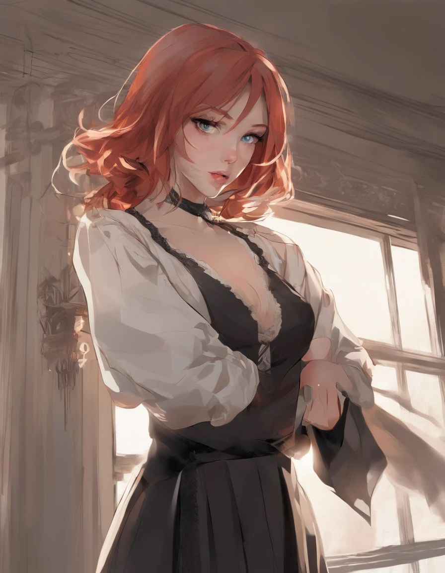 (best quality,4k,8k,highres,masterpiece:1.2),ultra-detailed,(realistic,photorealistic,photo-realistic:1.37),redhead woman, beautiful detailed eyes, beautiful detailed lips, extremely detailed eyes and face, longeyelashes, seductive expression, standing pose, black bra, black lace pantyhose, black stockings, door way, mysterious lighting, intense colors, soft and warm color tones