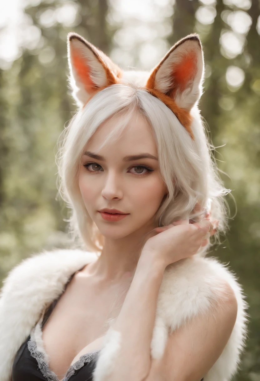 Close-up of a woman with cat ears and a choke hold, fox ears, girl with fox ears, Cute fox ears, white fox ears, ultrarealistic sweet bunny girl, Beautiful fox, hyper realistic skin, A picture of the head of a young furry female, lola bunny fanart, Very cute cute kitten, Fennec's ears on top of his head, female fox, animal ears