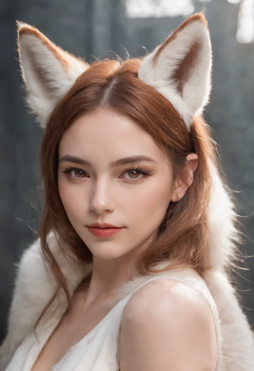 Close-up of a woman with cat ears and a choke hold, fox ears, girl with fox ears, Cute fox ears, white fox ears, ultrarealistic sweet bunny girl, Beautiful fox, hyper realistic skin, A picture of the head of a young furry female, lola bunny fanart, Very cute cute kitten, Fennec's ears on top of his head, female fox, animal ears