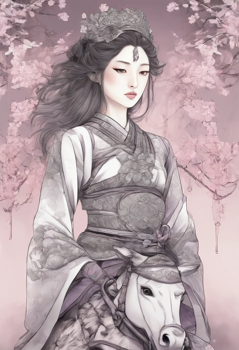 japanese female,riding,armored japanese horse,beautiful detailed eyes,beautiful detailed lips,extremely detailed eyes and face,long eyelashes,traditional japanese clothing,sakura blossoms floating in the background,bamboo forest,majestic mountain range,illuminated by soft sunlight,serene expression,confident posture,vibrant colors,highres,physically-based rendering,portraits,Japan-landscape,subtle pink and purple hues,stunning lighting effects