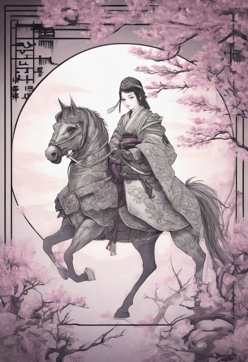 japanese female,riding,armored japanese horse,beautiful detailed eyes,beautiful detailed lips,extremely detailed eyes and face,long eyelashes,traditional japanese clothing,sakura blossoms floating in the background,bamboo forest,majestic mountain range,illuminated by soft sunlight,serene expression,confident posture,vibrant colors,highres,physically-based rendering,portraits,Japan-landscape,subtle pink and purple hues,stunning lighting effects