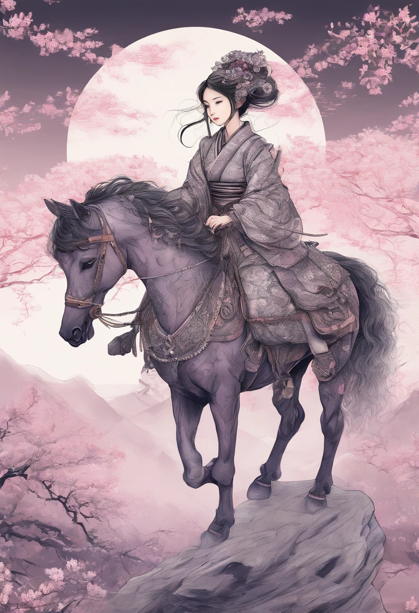 japanese female,riding,armored japanese horse,beautiful detailed eyes,beautiful detailed lips,extremely detailed eyes and face,long eyelashes,traditional japanese clothing,sakura blossoms floating in the background,bamboo forest,majestic mountain range,illuminated by soft sunlight,serene expression,confident posture,vibrant colors,highres,physically-based rendering,portraits,Japan-landscape,subtle pink and purple hues,stunning lighting effects