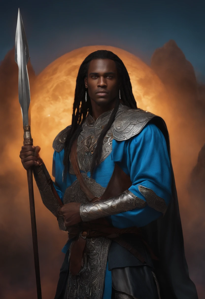 makes a black man with blue eyes long hair in warrior clothes