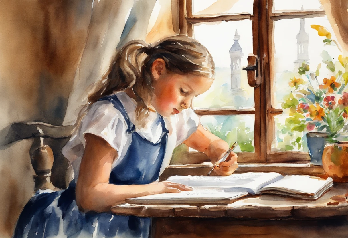 Girl writing in notebook by the window in classroom、soio、校服、10yaers old