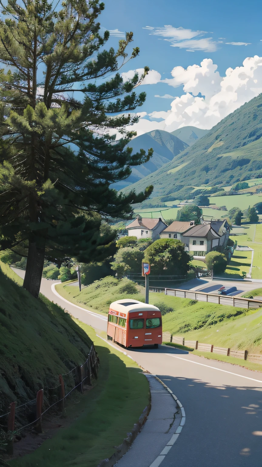 Buses in the countryside ,Hayao Miyazaki anime style