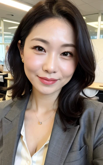 masterpiece,best quality, (1 milf), ((close up:1)), ((cross arms)), glare, gray blazer, white shirt, Clothes with big Cleavage View, double eyelid, eyelash, lip gloss, (smile:1), ((close eyes:0.85)), ((open mouth:1)), ((Looking at Viewer)), RAW, (from above:0.2), nobody office,
