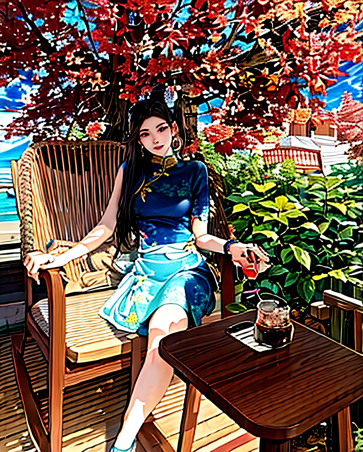 There was a woman sitting in a rocking chair drinking a drink, s girl, hot with shining sun, Lovely woman, gorgeous chinese models, , she is about 2 0 years old, she is about 20 years old, she is about 2 5 yee is about 30 years old