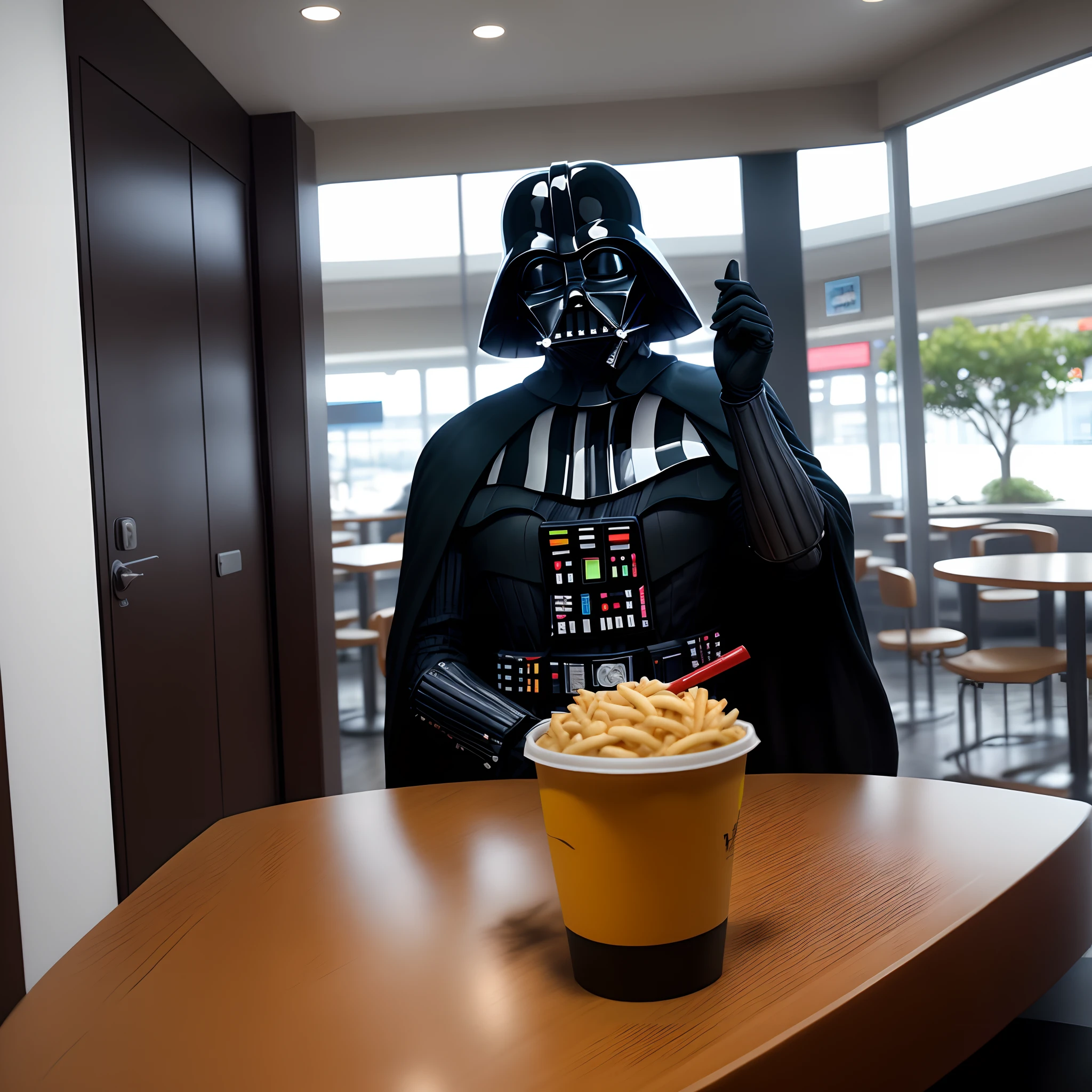 Darth Vader sentado a mesa no mac Donalds com uma janela ao fundo que mostra planeta terra
