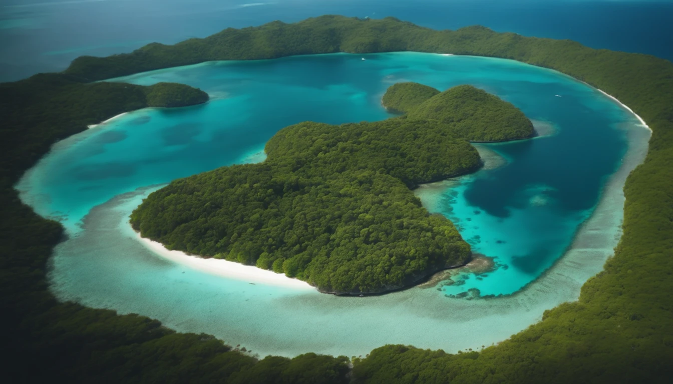 Aerial view of an archipelago with green islands surrounded by turquoise waters and visible coral reefs