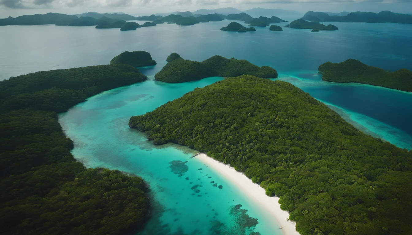 Aerial view of an archipelago with green islands surrounded by turquoise waters and visible coral reefs