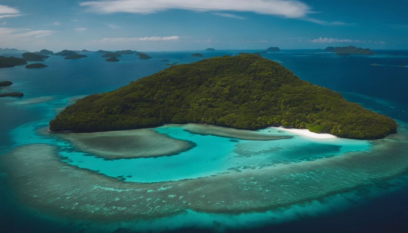 Aerial view of an archipelago with green islands surrounded by turquoise waters and visible coral reefs