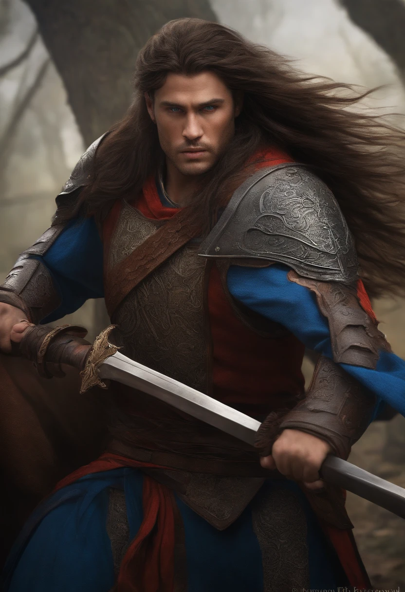 makes a fat man with blue eyes long hair in warrior clothes