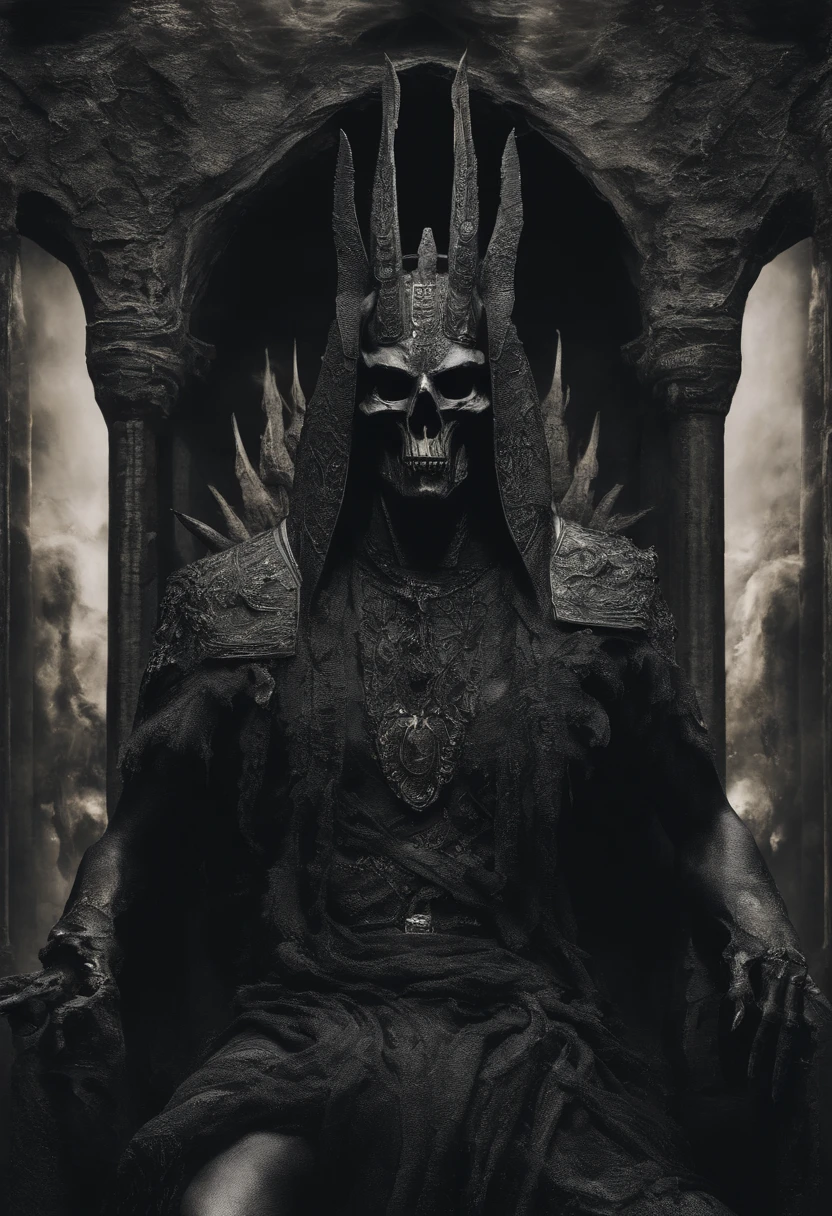 a close of a mad devil worshipper with a crown of skulls, adorned with demon skulls, crown of skulls, highly detailed dark art, detailed 3d gothic oil painting, stunning fantasy horror, symmetrical epic fantasy art, by Ludwik Konarzewski Jr, detailed 4k horror artwork, dark but detailed digital art, fantasy skull