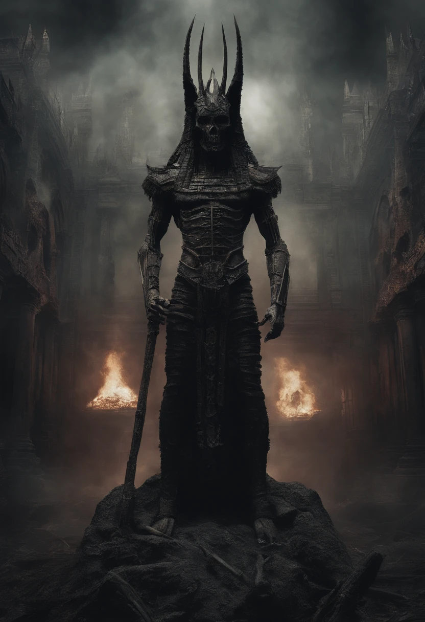 Spooky environment,Anubis,full bodyesbian,Powerful aura,A strong sense of oppression,incredibly detailed,The flames of hell are raging,Skeleton Legion,Ultra photo realsisim
