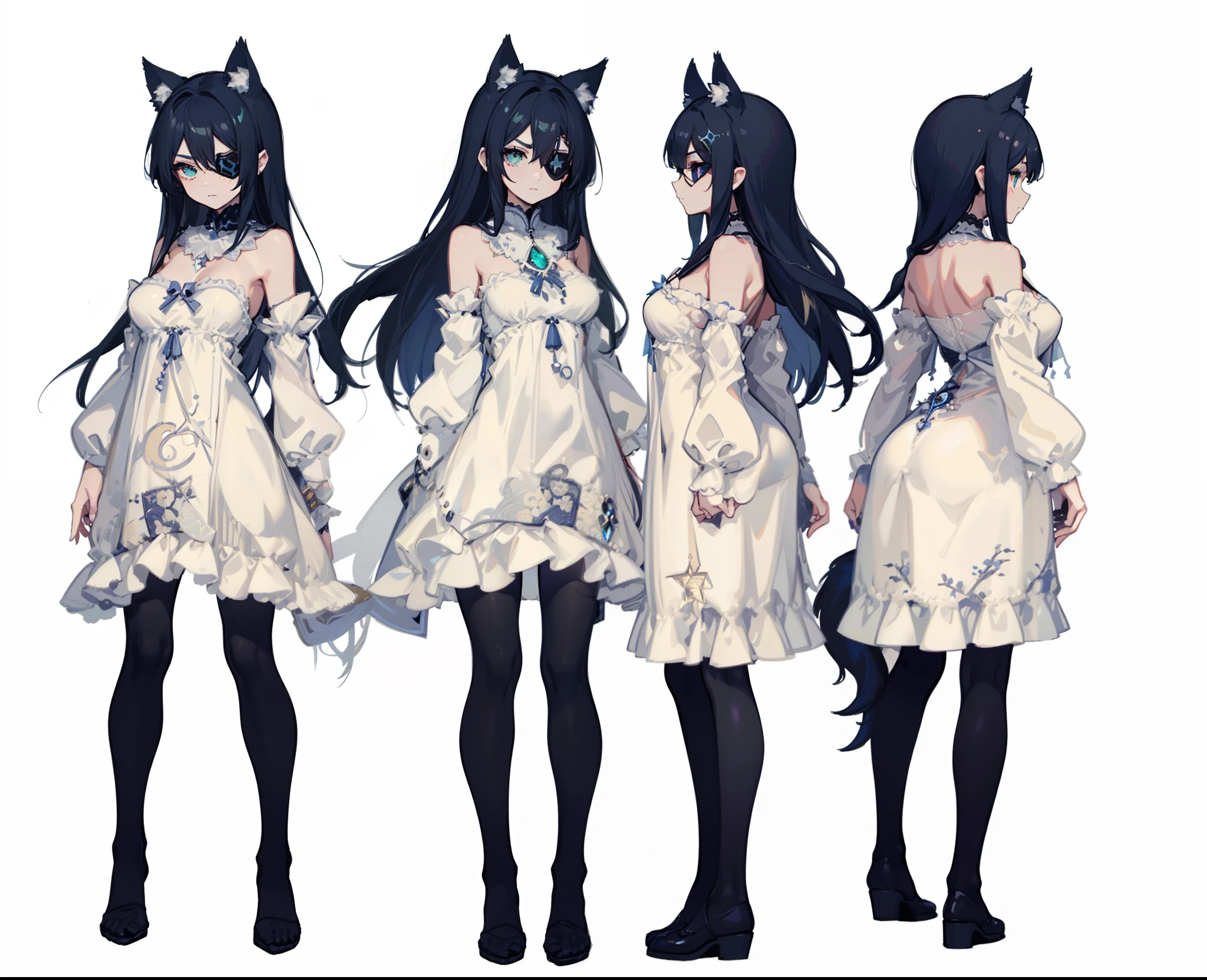 1girl, reference sheet, matching outfit, (fantasy character design, front angles, side angles, rear angles) Alistair, Demi-Human character design. Lithe and agile frame, feminine appearance. Striking emerald eyes with a mischievous glint, gemstone eye patch, eyepatch, eye-patch, 1nightgown, comfortable. Soft flannel fabric, high-quality. Delightful moon and star pattern, c-cup, navy blue. Long sleeves, modest length. Suitable for peaceful sleep or lounging, hint of magical prowess. Long jet-black hair, intricate arcane symbols on attire. Wolf-like ears and tail, distinctive Demi-Human features. (masterpiece:1.2), (best quality:1.3).