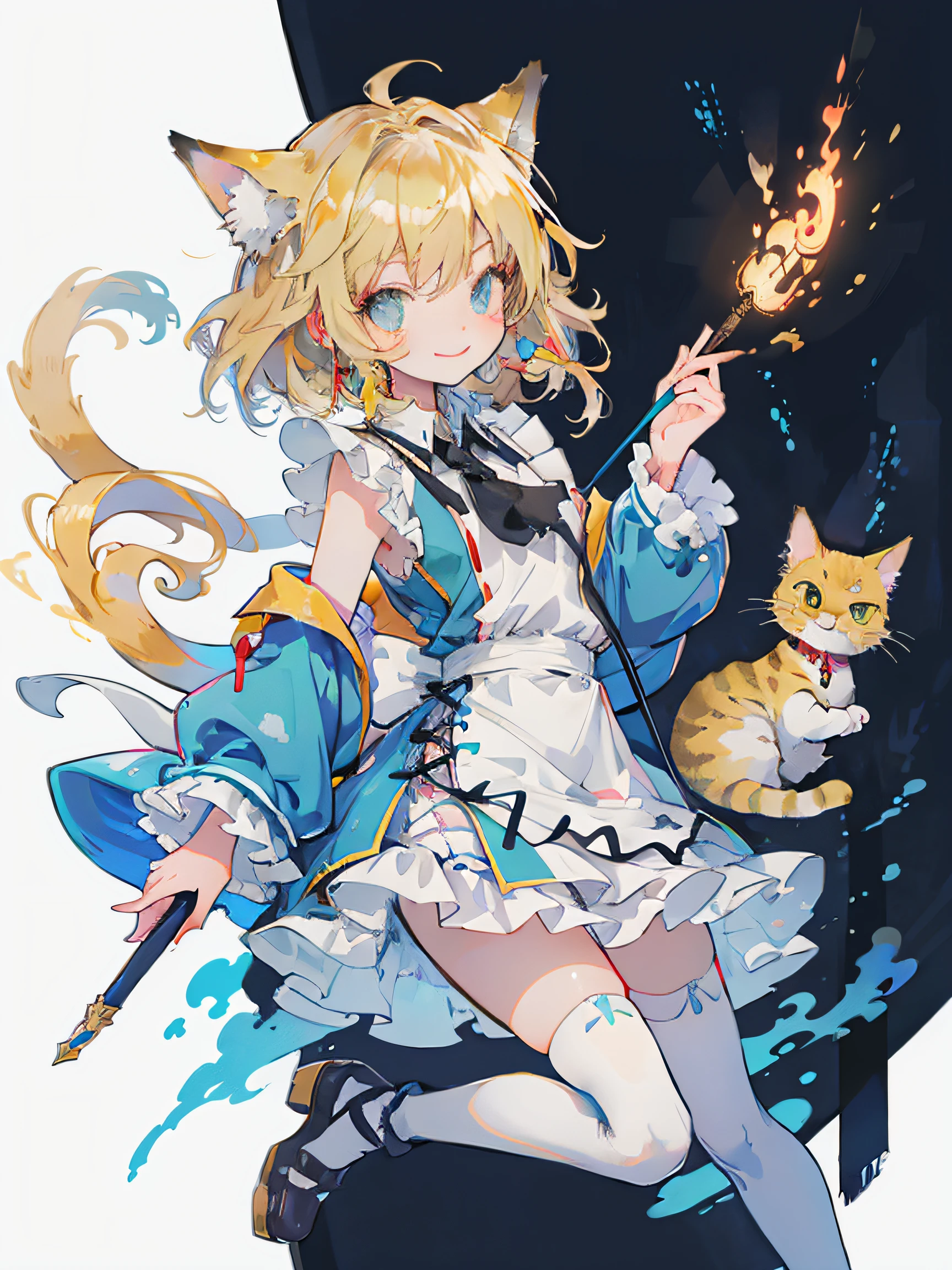 ((Anime girl in blue dress with magic wand)), anime cat girl in a maid costume, Lori, a blond、The long-haired、Very Beautiful Anime Cat Girl, anime catgirl, (white knee highs), attractive cat girl, inspired by Leiko Ikemura, aya takano color style, in ryuuou no oshigoto art style, Cat Girl, touhou character, Rei Hiroe、With a smile