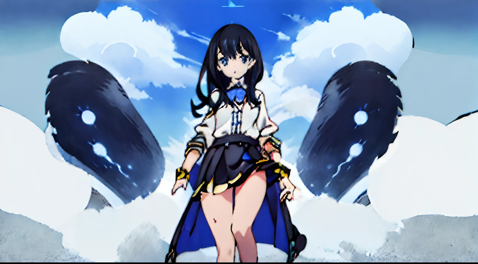 anime girl with blue eyes and black and sky nlue hair with black dress, persona art style, holding a black sword, official art, ultra-detailed. anime, official character art, anime style 4 k, official artwork, kda, high quality anime artstyle, digital anime art!!, high quality detailed anime, anime moe artstyle, official artbook, top rated on pixiv, alpha, blue sky background,