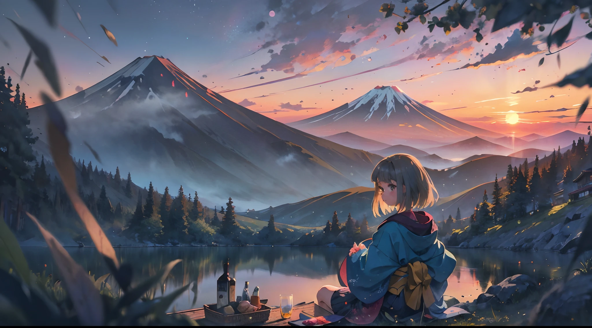 best quality, masterpiece, extremely detailed, detailed background, anime, 1girl, young girl, short girl, hands down, kimono, retro, mount fuji lansdscape, outdoors, sunset, beautiful sky, lake picnic, landscape, scenery, horizon, mountain sitting near mountain, wind, flower petal, looking away, atmospheric lighting, solo focus, close up, from side, depth of field, bokeh