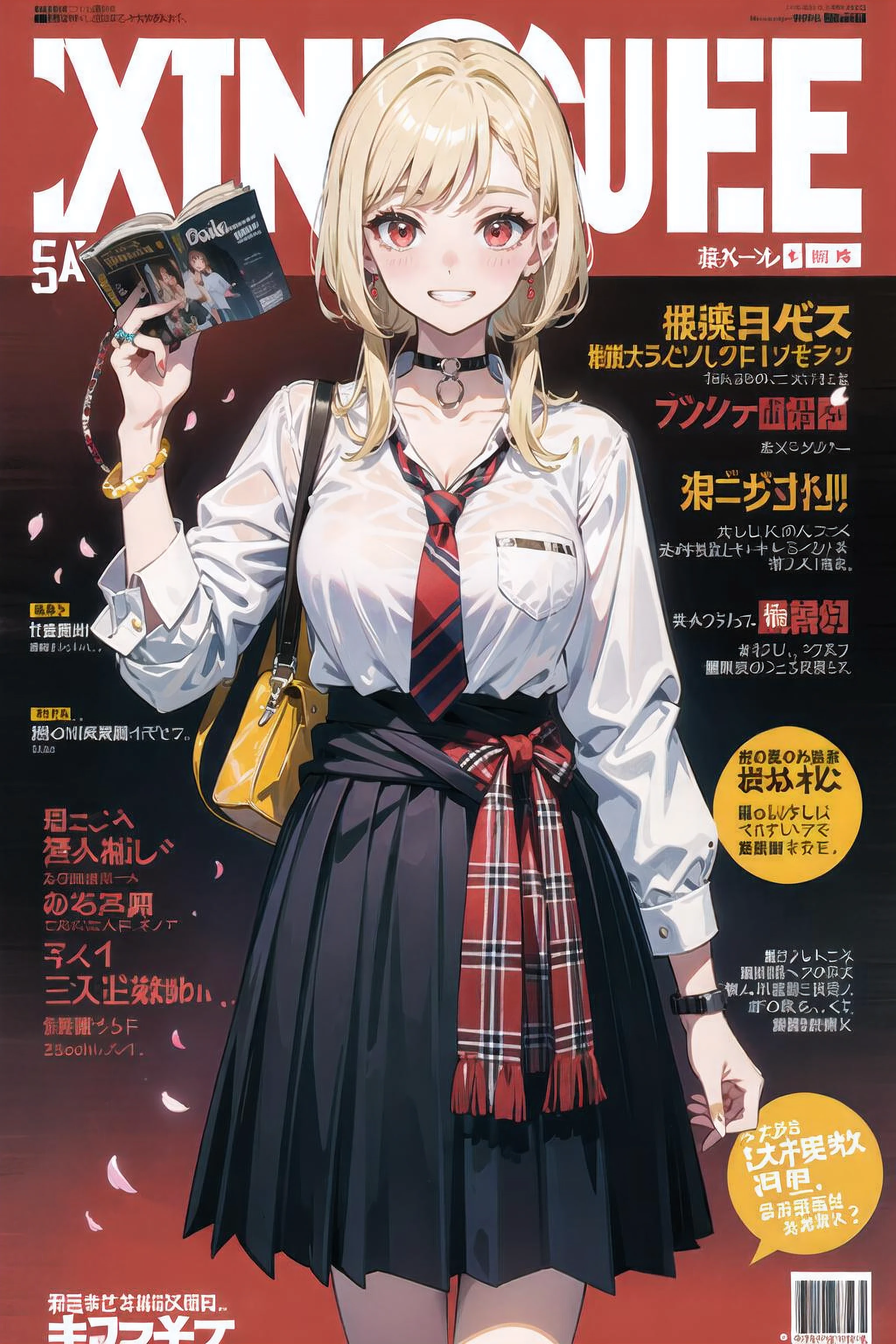 masterpiece, best quality, full body,
1girl, bangs, black choker, black necktie, blonde hair, blue skirt, blush, bracelet, breasts, choker, clothes around waist, collarbone, collared shirt, cowboy shot, dress shirt, ear piercing, eyebrows visible through hair, gradient hair, grin, gyaru, jewelry, kogal, long hair, looking at viewer, loose necktie, necktie, piercing, plaid, plaid skirt, pleated skirt, red eyes, ring, school uniform, shirt, skirt, smile, solo, white shirt,
street, sky, cherry blossoms, petals,illustration, (magazine:1.3), (cover-style:1.3), fashionable, woman, vibrant, outfit, posing, front, colorful, dynamic, background, elements, confident, expression, holding, statement, accessory, majestic, coiled, around, touch, scene, text, cover, bold, attention-grabbing, title, stylish, font, catchy, headline, larger, striking, modern, trendy, focus, fashion,