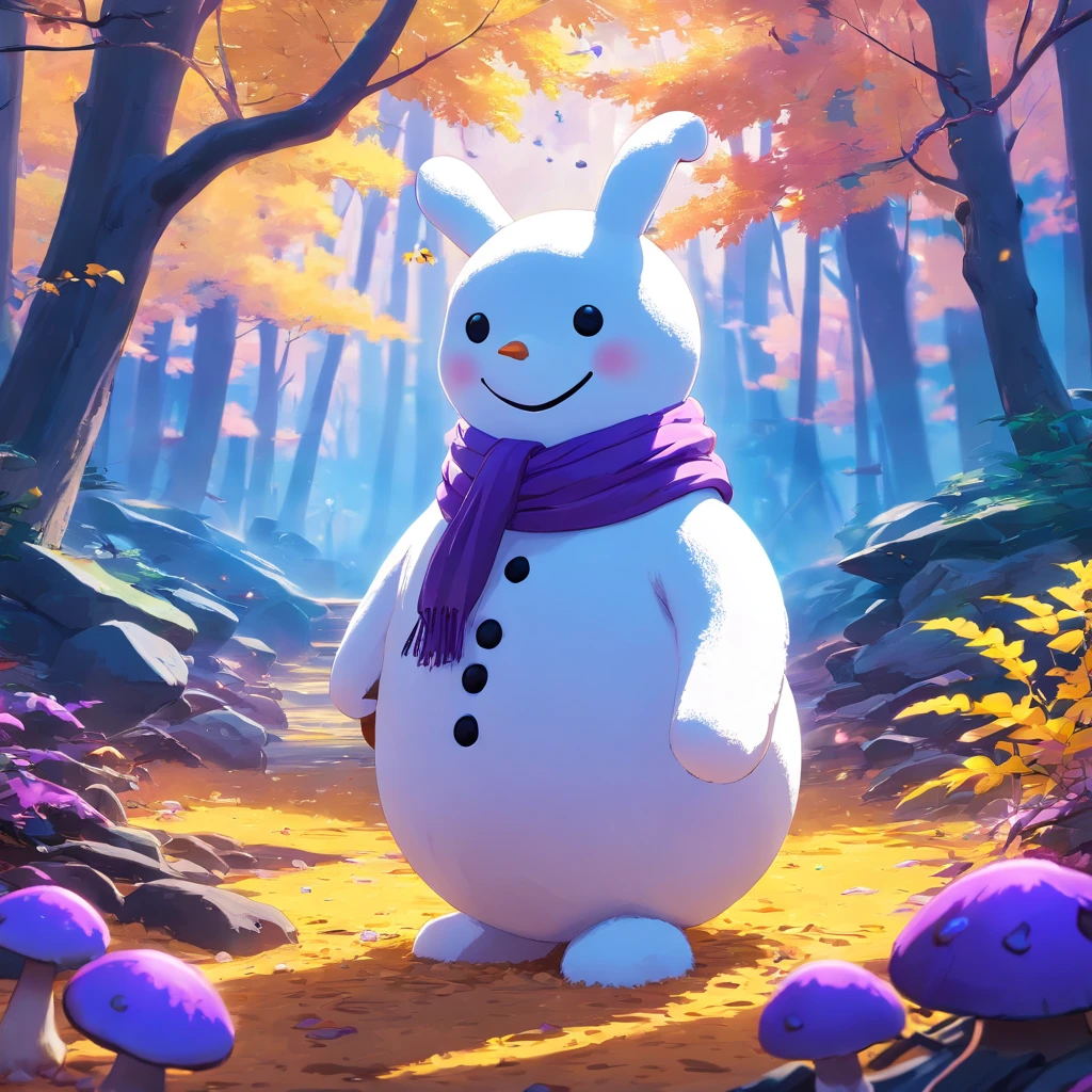 Realistic snowman in 3D photo. Detailed purple and yellow leaves. alien landscape, Glowing blue mushrooms. Hidden Chinese Dragon,A mysterious technology deep in the forest,Transformation Belt