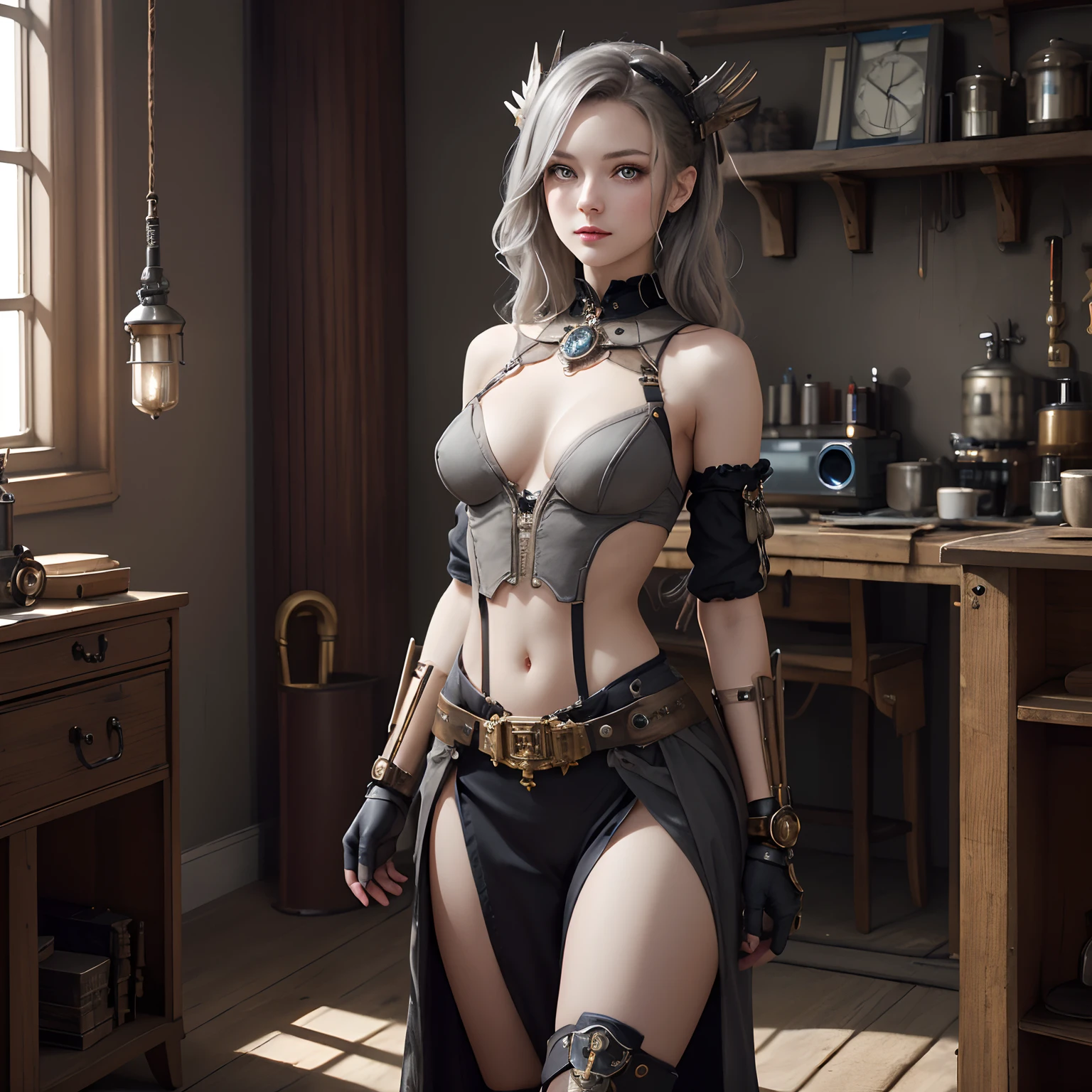 (American Shot), Beautiful Steampunk Girl, (Light Grey Eyes), (Looking At Camera), A Beautiful Steampunk Goddess, (Small Chest), ((Small Hips)), Very warm atmosphere shot, in a room, Wearing steampunk elements on clothing that glow or emit light, Steampunk Fantasy, Steampunk Digital Art, Mechanized Valkyrie Girl, Walking Towards Camera.