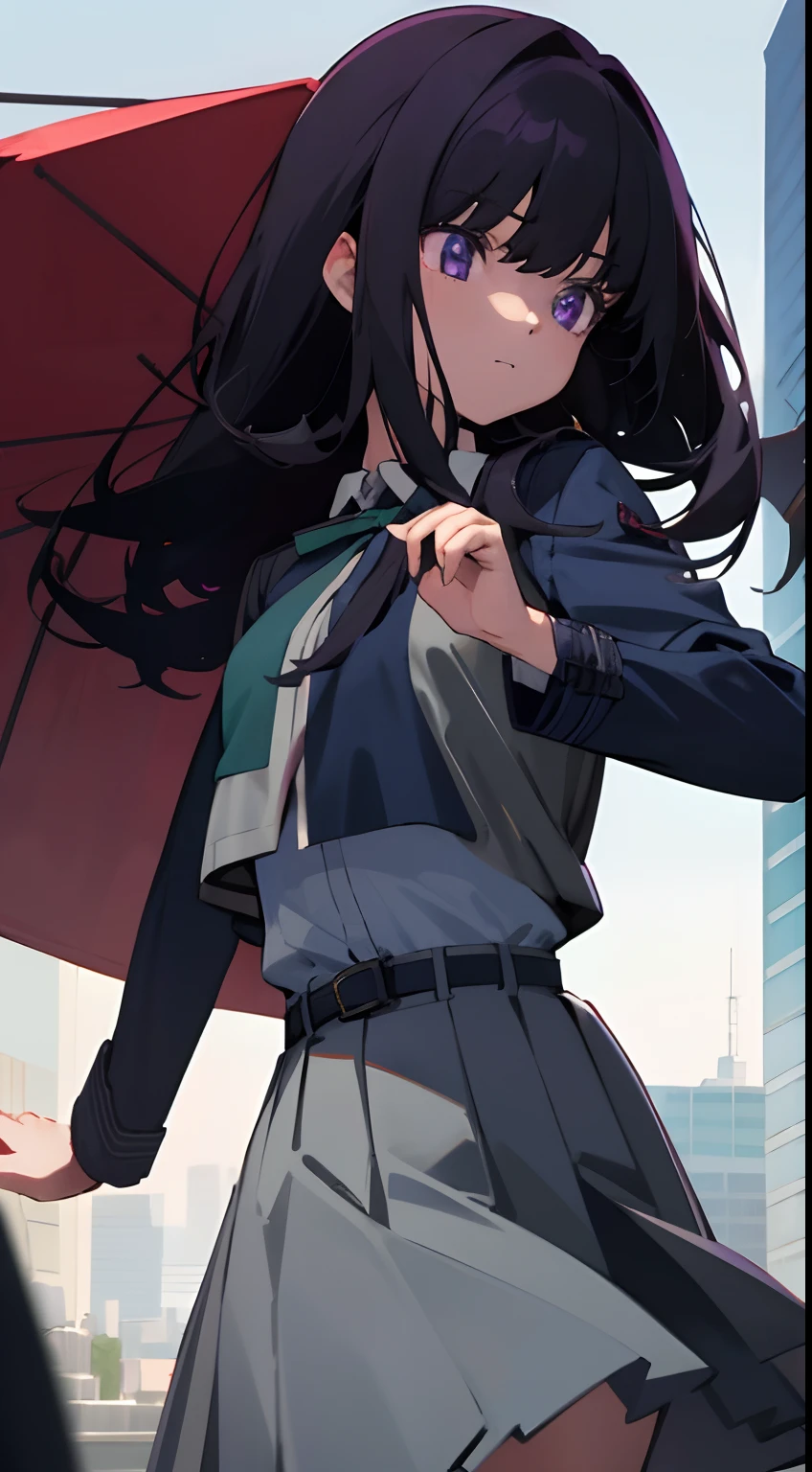 takinainoue, Inoue Takina, Long hair, bangs, Black hair, (Purple eyes:1.2), BREAK shirt, Long sleeves, dress, ribbon, school uniform, White shirt, Collared shirt, belt, Neck ribbon, Blue dress, Green Ribbon, Pleated dress, grey dress, Two-tone dresses, Blue belt, Lycoris Uniform, BREAK outdoors, City, Break (Masterpiece:1.2), Best quality, high resolution, Unity 8k wallpaper, (illustration:0.8), (Beautiful detailed eyes:1.6), Extremely detailed face, Perfect lighting, Extremely detailed CG, (Perfect hands, Perfect anatomy),