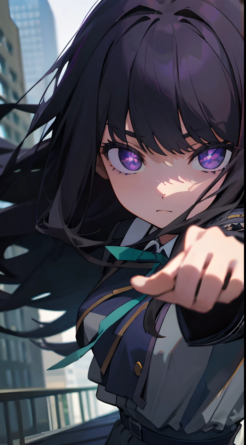 takinainoue, Inoue Takina, Long hair, bangs, Black hair, (Purple eyes:1.2), BREAK  shirt, Long sleeves, dress, ribbon, school uniform, White shirt, Collared shirt, belt, Neck ribbon, Blue dress, Green Ribbon, Pleated dress, grey dress, Two-tone dresses, Blue belt, Lycoris Uniform, BREAK outdoors, City, Break (Masterpiece:1.2), Best quality, high resolution, Unity 8k wallpaper, (illustration:0.8), (Beautiful detailed eyes:1.6), Extremely detailed face, Perfect lighting, Extremely detailed CG, (Perfect hands, Perfect ???????),