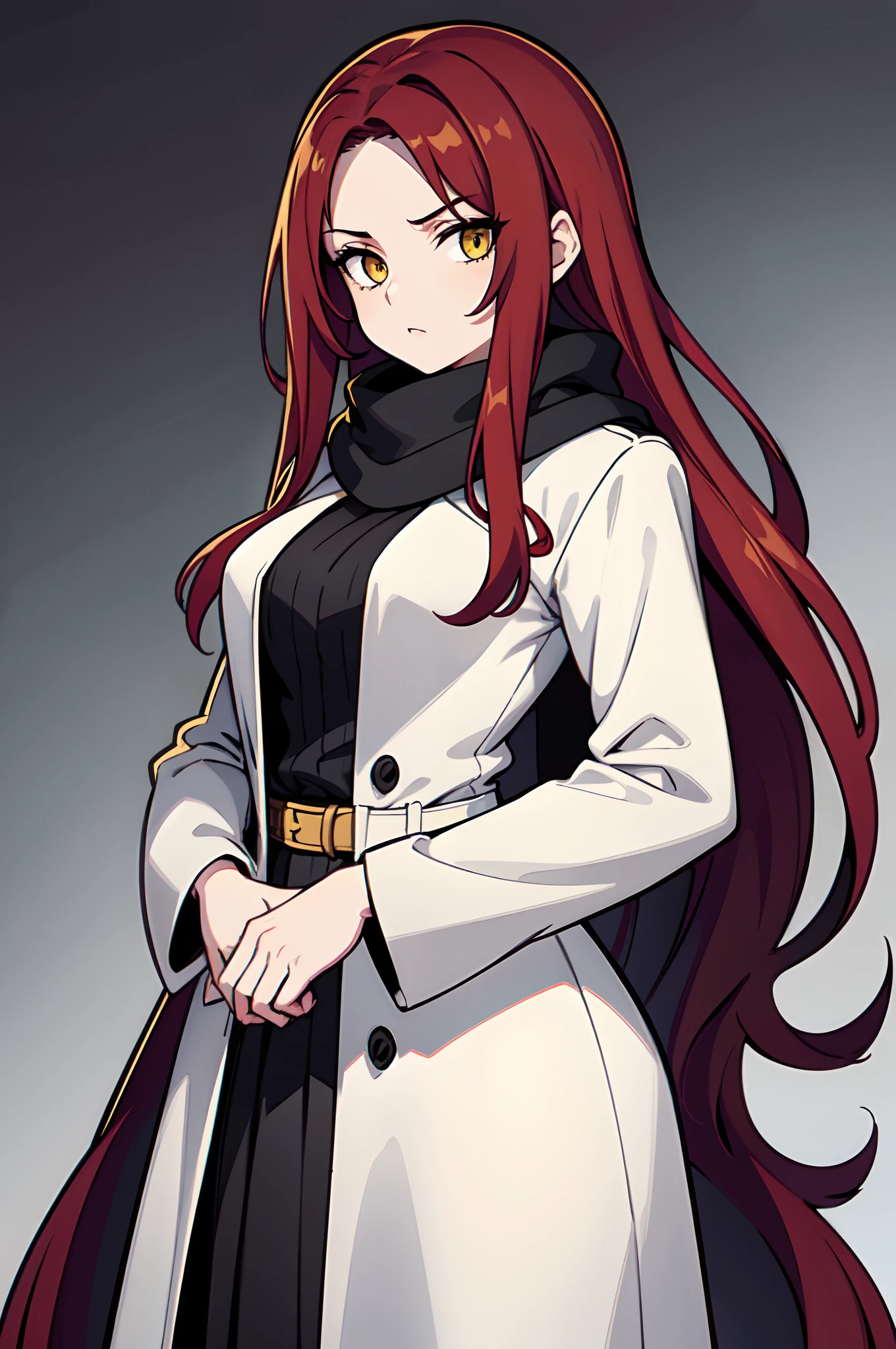 1girl, solo, 16k, scarlet red hair, long hair, big hair, forehead, yellow eyes, medium breasts, neutral, shaded face, (hands on pockets:1.2), black mysterious clothes, medieval, coat, scarf, pants, overcoat, belt, looking at viewer, white background, simple background, transparent background, standing, upper body, portrait, masterpiece, best quality, 8k,