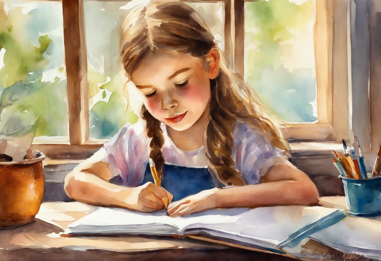 Girl writing in notebook by the window in classroom、soio、校服、６Year old girl、schools、