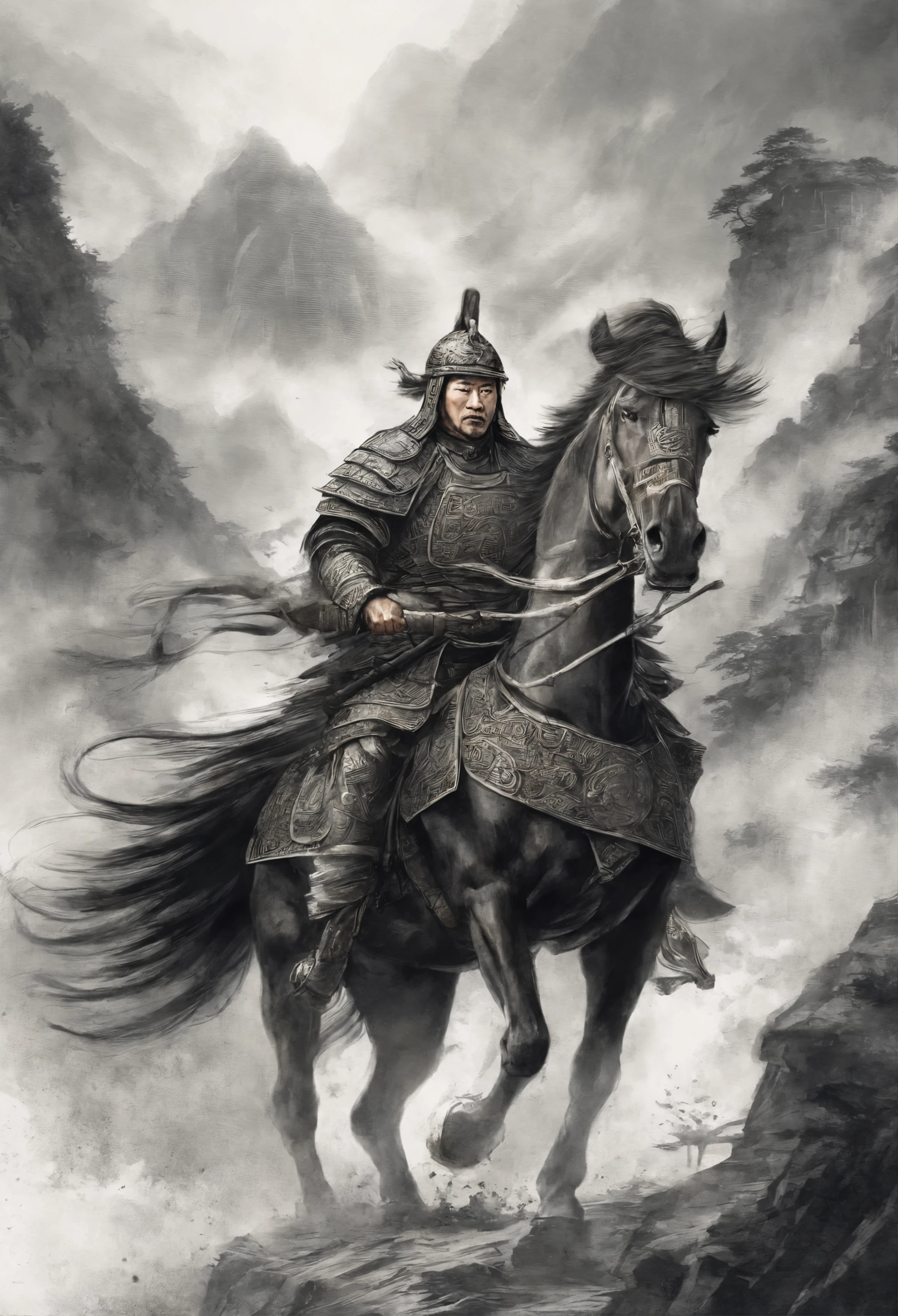 Ancient Chinese generals on the battlefield，The armor is broken, Starry skies and mist shroud the landscape.