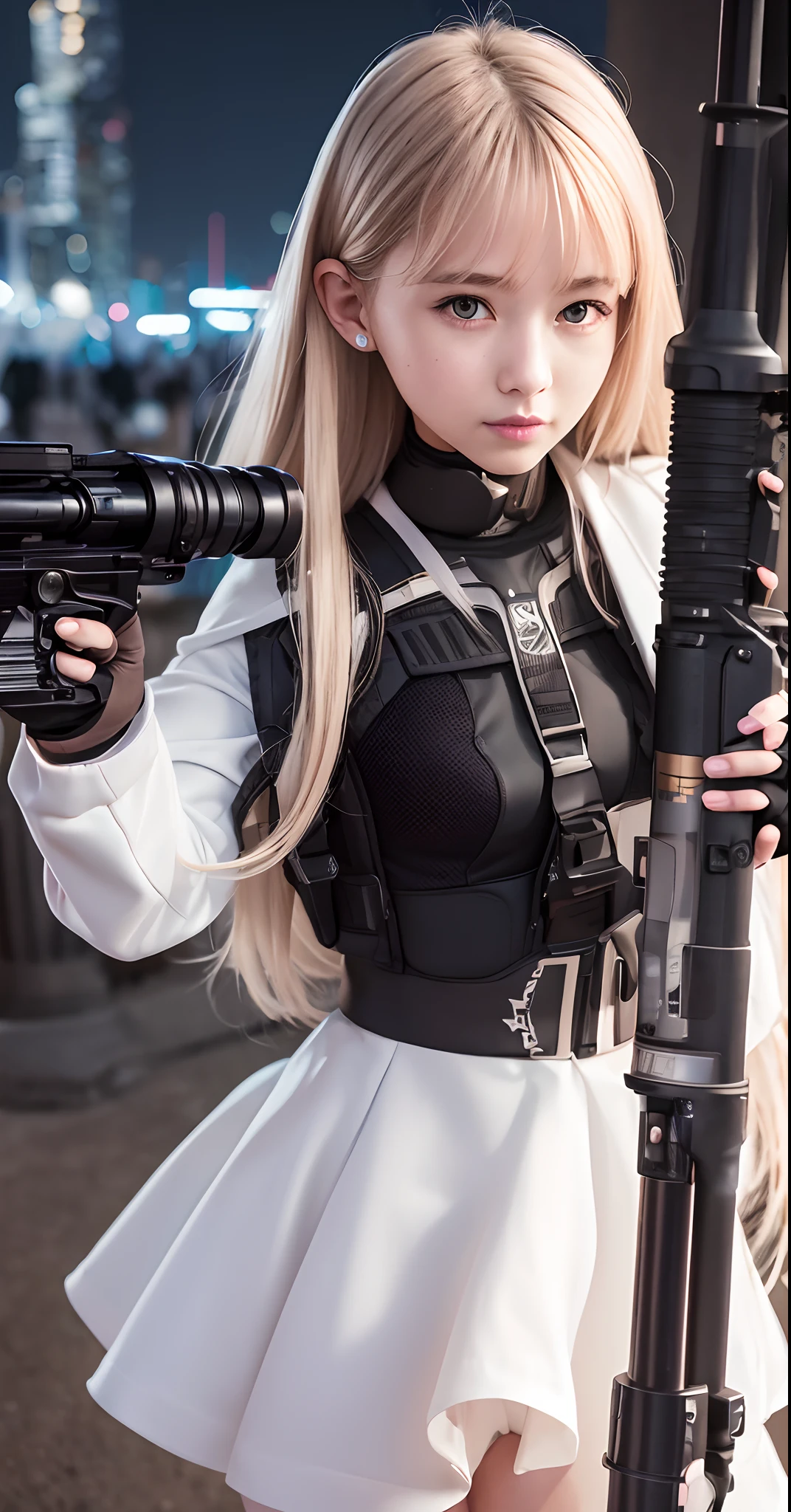 a perfect illustration of artifical intelliengence(。.AI) After 5143, 8K, Extremely detailed , flawless，hyperdetailed face，16-year-old girl，Eight-headed body，japanes，Silky hair，Bitgirl，A device with an optical rifle in both hands，Background of the near future，During night combat，Rifle shooting scene，Smile，Dress Type，Wear a white troop jacket