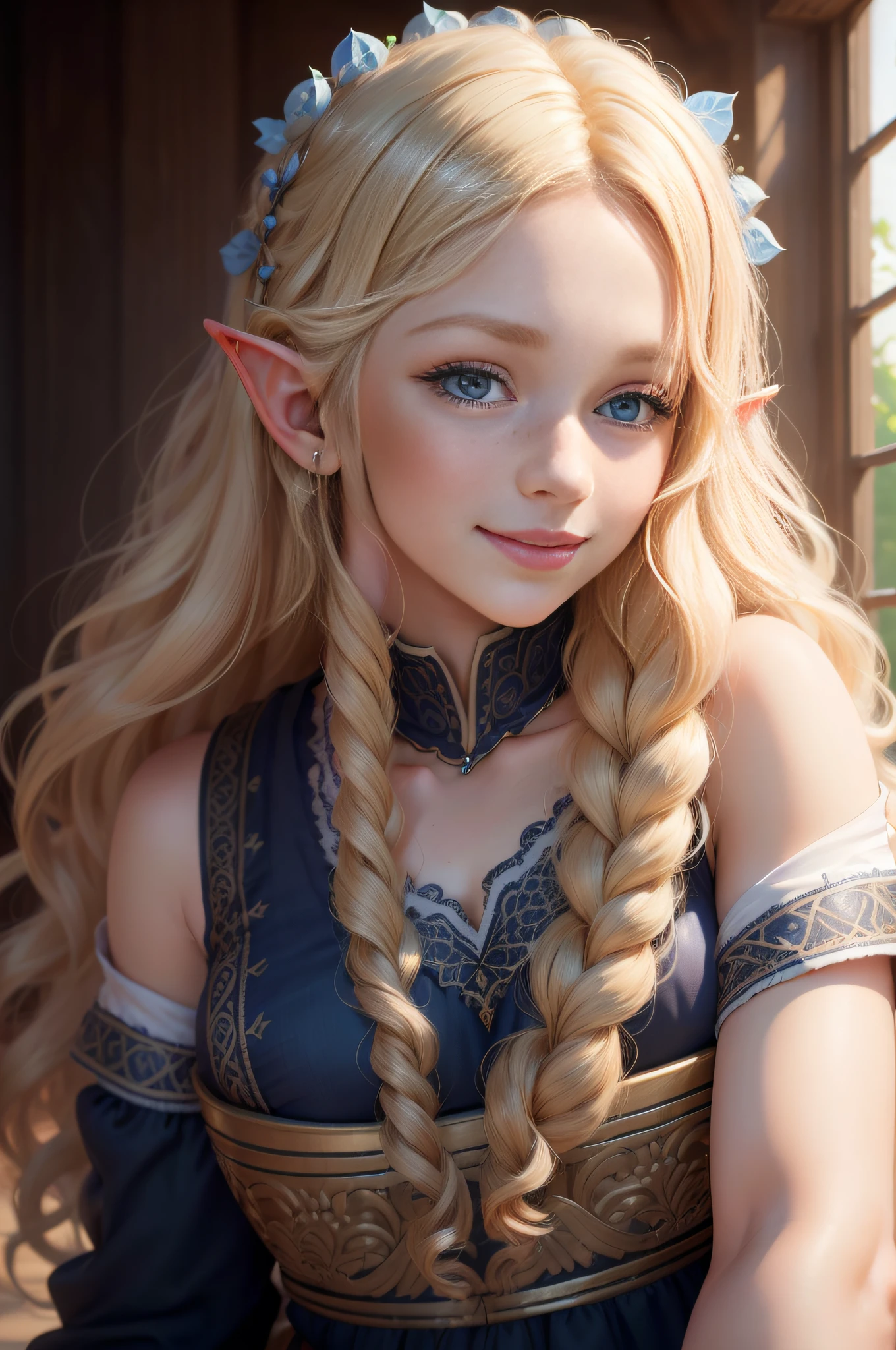 ((hyper-realistic, photorealistic, 8k, intricate details)), masterpiece, beautiful face of a teenage blonde elf girl, with blue eyes, curly hair, with small freckles on her face, smiling beautifully.