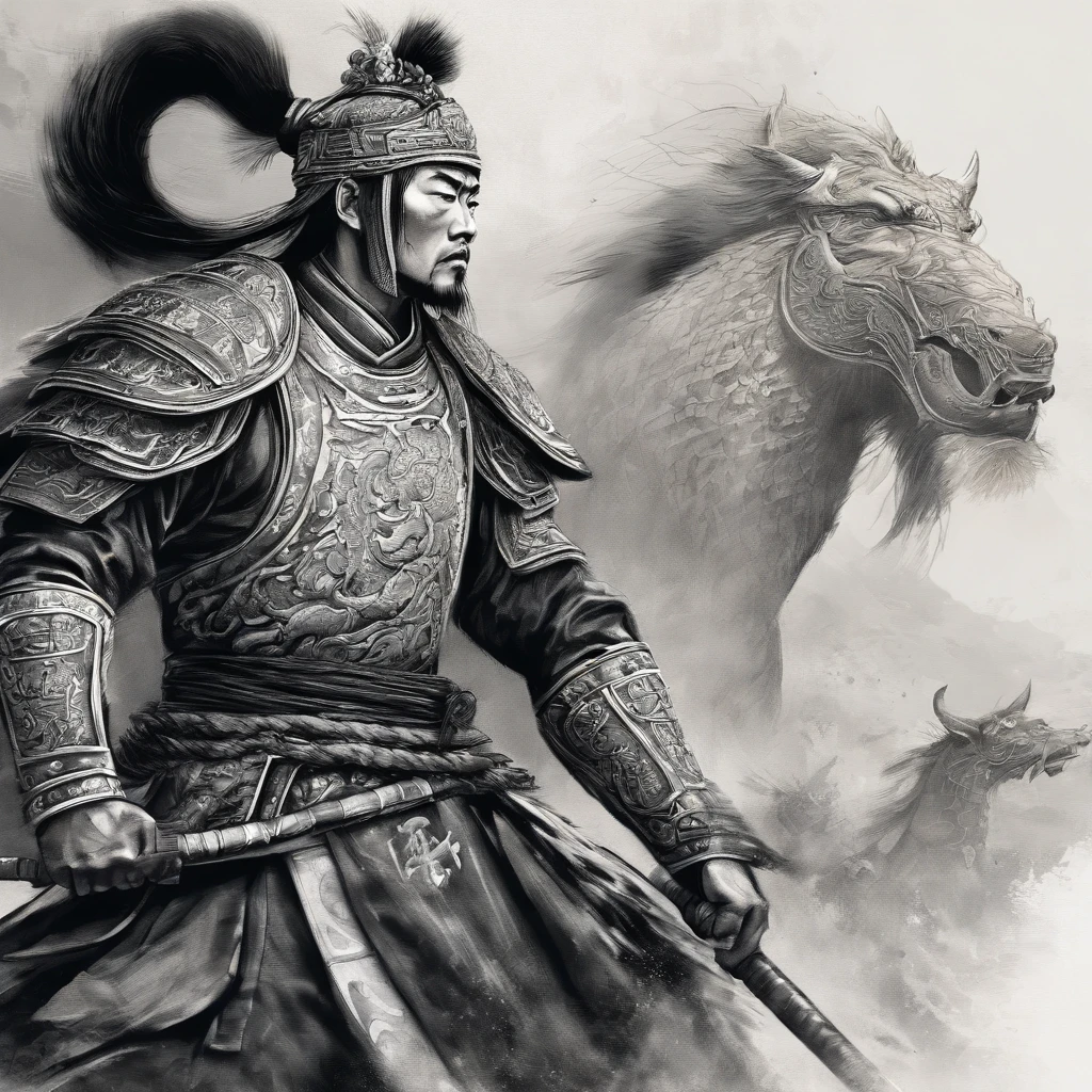 (best quality,4k,8k,highres,masterpiece:1.2),ultra-detailed,(realistic,photorealistic,photo-realistic:1.37),Chinese general,traditional art style,richly colored uniforms,vivid and dynamic brushstrokes,ancient battlefield setting,warrior spirit,ornamental armor and helmet,symbolic horse,commanding presence,courageous expression,heroic posture,historical portrait,proud and noble features,ink and wash painting style,finely detailed facial features,dynamic composition,imposing stature,strategic battlefield map,strong and confident gaze,fierce determination,bursting energy,ancient war flag,foggy ambiance,golden sunlight illuminating the scene,traditional Chinese calligraphy in the background,authentic battle scene,attention to historical accuracy,dynamic motion,commanding army in the distance,majestic mountains as backdrop,impressive battle formation,martial arts expertise and weapons proficiency,wisdom and leadership,aura of authority,atmospheric perspective,dramatic lighting,heroic legend,classic Chinese metaphor,strong sense of tradition and cultural heritage