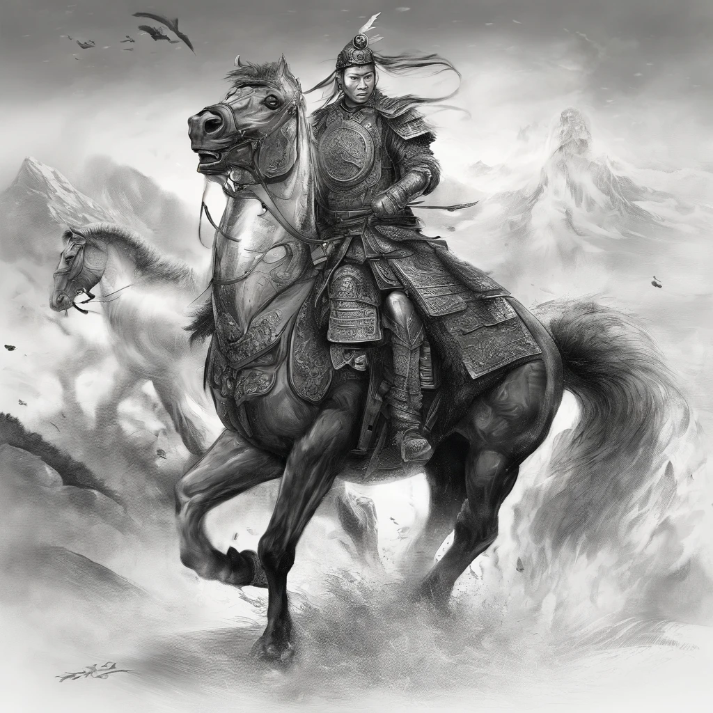 (best quality,4k,8k,highres,masterpiece:1.2),ultra-detailed,(realistic,photorealistic,photo-realistic:1.37),Chinese general,traditional art style,richly colored uniforms,vivid and dynamic brushstrokes,ancient battlefield setting,warrior spirit,ornamental armor and helmet,symbolic horse,commanding presence,courageous expression,heroic posture,historical portrait,proud and noble features,ink and wash painting style,finely detailed facial features,dynamic composition,imposing stature,strategic battlefield map,strong and confident gaze,fierce determination,bursting energy,ancient war flag,foggy ambiance,golden sunlight illuminating the scene,traditional Chinese calligraphy in the background,authentic battle scene,attention to historical accuracy,dynamic motion,commanding army in the distance,majestic mountains as backdrop,impressive battle formation,martial arts expertise and weapons proficiency,wisdom and leadership,aura of authority,atmospheric perspective,dramatic lighting,heroic legend,classic Chinese metaphor,strong sense of tradition and cultural heritage