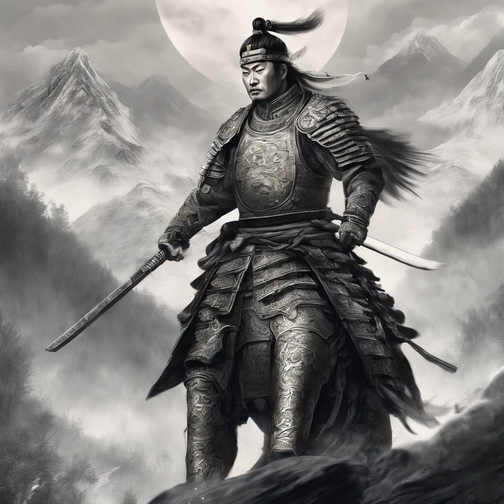 (best quality,4k,8k,highres,masterpiece:1.2),ultra-detailed,(realistic,photorealistic,photo-realistic:1.37),Chinese general,traditional art style,richly colored uniforms,vivid and dynamic brushstrokes,ancient battlefield setting,warrior spirit,ornamental armor and helmet,symbolic horse,commanding presence,courageous expression,heroic posture,historical portrait,proud and noble features,ink and wash painting style,finely detailed facial features,dynamic composition,imposing stature,strategic battlefield map,strong and confident gaze,fierce determination,bursting energy,ancient war flag,foggy ambiance,golden sunlight illuminating the scene,traditional Chinese calligraphy in the background,authentic battle scene,attention to historical accuracy,dynamic motion,commanding army in the distance,majestic mountains as backdrop,impressive battle formation,martial arts expertise and weapons proficiency,wisdom and leadership,aura of authority,atmospheric perspective,dramatic lighting,heroic legend,classic Chinese metaphor,strong sense of tradition and cultural heritage