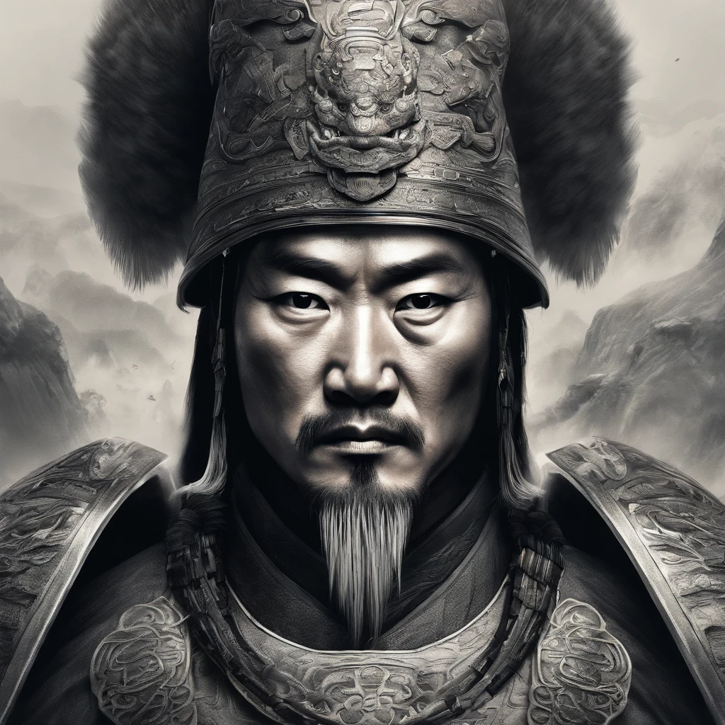 (best quality,4k,8k,highres,masterpiece:1.2),ultra-detailed,(realistic,photorealistic,photo-realistic:1.37),Chinese general,traditional art style,richly colored uniforms,vivid and dynamic brushstrokes,ancient battlefield setting,warrior spirit,ornamental armor and helmet,symbolic horse,commanding presence,courageous expression,heroic posture,historical portrait,proud and noble features,ink and wash painting style,finely detailed facial features,dynamic composition,imposing stature,strategic battlefield map,strong and confident gaze,fierce determination,bursting energy,ancient war flag,foggy ambiance,golden sunlight illuminating the scene,traditional Chinese calligraphy in the background,authentic battle scene,attention to historical accuracy,dynamic motion,commanding army in the distance,majestic mountains as backdrop,impressive battle formation,martial arts expertise and weapons proficiency,wisdom and leadership,aura of authority,atmospheric perspective,dramatic lighting,heroic legend,classic Chinese metaphor,strong sense of tradition and cultural heritage
